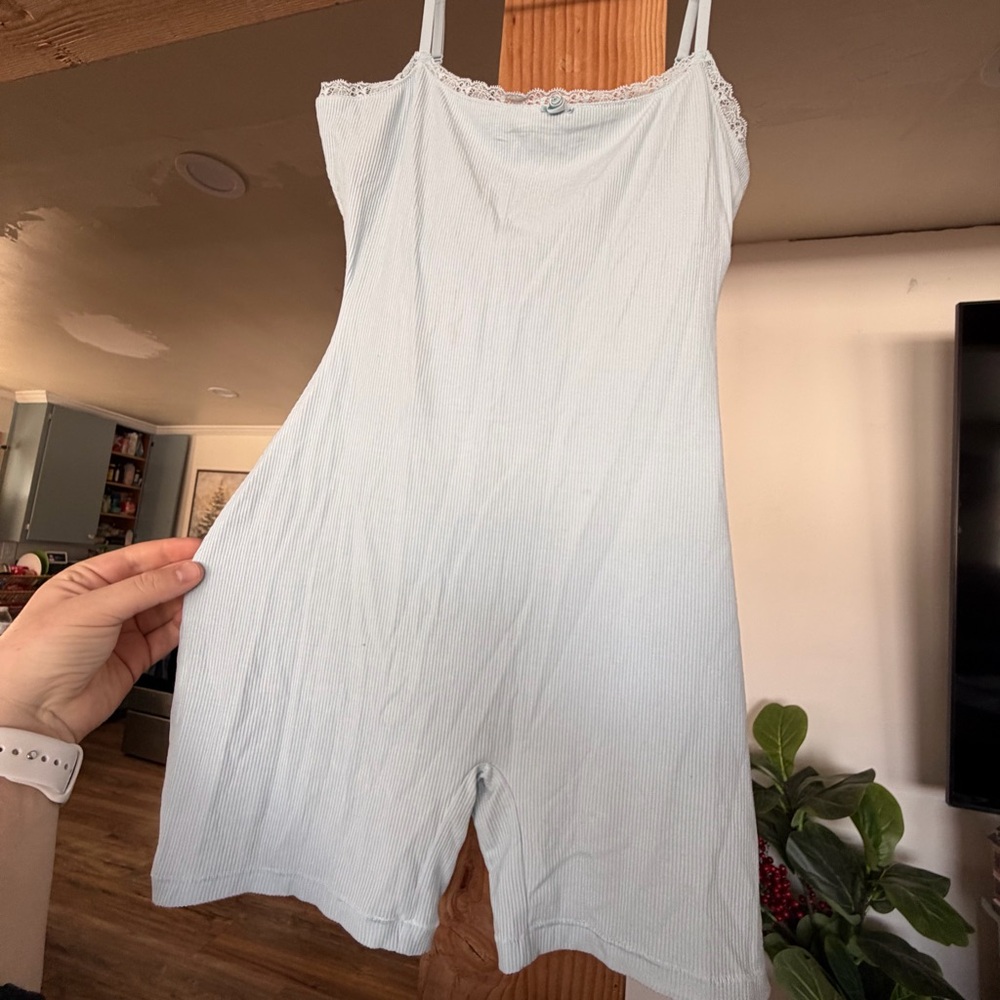 NWT SKIMS Soft Blue Lace Trimmed loungewear pajamas Romper